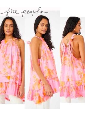 Free People Fleur Printed Tunic Petal Combo Pink Size XL Boho